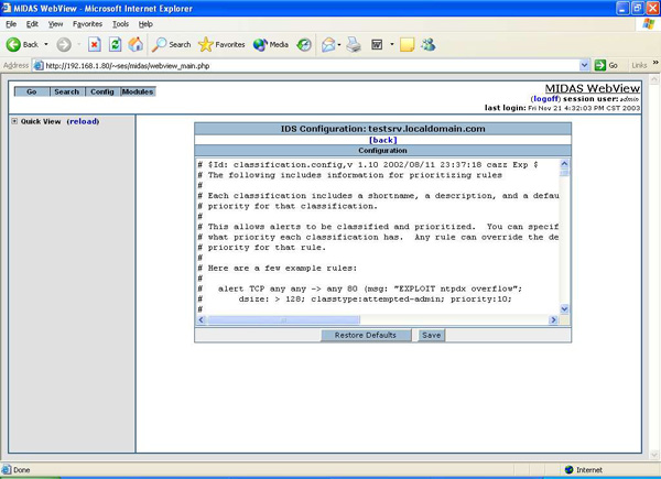 Intrusion Detection Configuration Screen