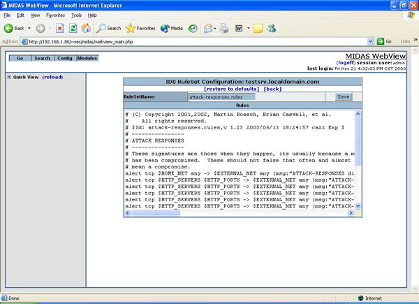 Intrusion Detection Rule Set Screen